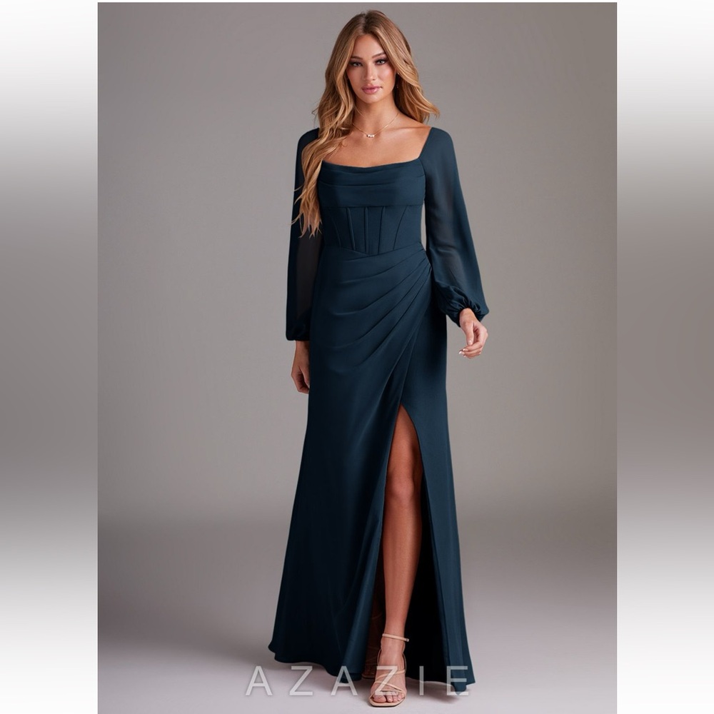 Azazie Navy Cowl-Neck Maxi Dress with Sheer Long Sleeves